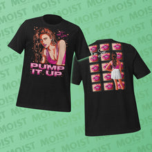 Load image into Gallery viewer, pump it up with sue the substance movie vintage shirt design front and back view on black heather bella and canvas shirt maragaret qualley