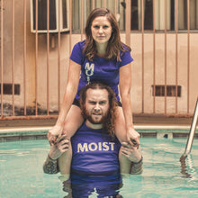 Load image into Gallery viewer, stay dry pool moist horizontal logo purple black shirt