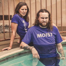 Load image into Gallery viewer, half wet poolside moist horizontal logo purple black shirt model shot