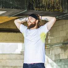 Load image into Gallery viewer, frustrated look up hands on head confused model look pre stained pit stains white shirt moist clothing and junk