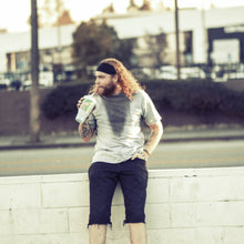 Load image into Gallery viewer, slurpee seven eleven hollywood sunset curb model pose pre stained sweat stains athletic heather grey gray shirt moist clothing and junk product photo