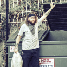 Load image into Gallery viewer, trash man sweaty dry idiot pensive model pose pre stained sweat stains athletic heather grey gray shirt moist clothing and junk product photo