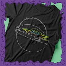 Load image into Gallery viewer, baby yoda shirt carrier tee t-shirt tshirt design mandalorian the child neon zoom
