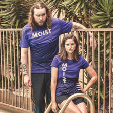Load image into Gallery viewer, half wet two friends disgusted poolside moist horizontal logo purple black shirt model shot
