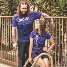 Load image into Gallery viewer, half wet two friends confused poolside moist horizontal logo purple black shirt model shot
