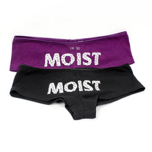 Load image into Gallery viewer, i&#39;m so moist logo brand under panties boy shorts purple black product photo
