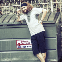 Load image into Gallery viewer, real suave and comfy elbow lean model pose trash can pre stained sweat stains athletic heather grey gray shirt moist clothing and junk product photo
