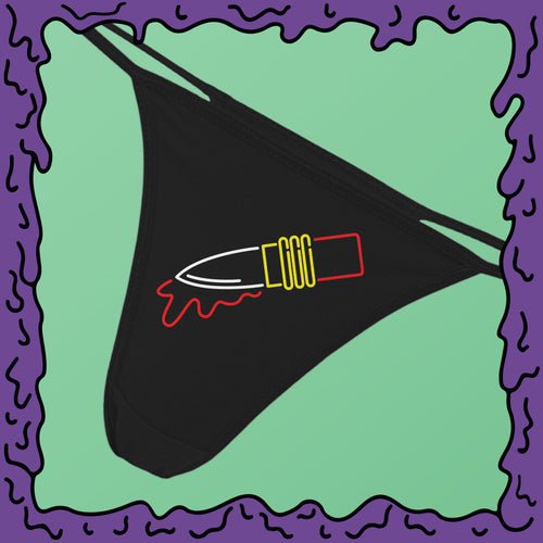 faux neon lipstick knife thong undies moist zoom
