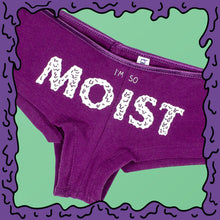 Load image into Gallery viewer, i&#39;m so moist logo brand under panties boy shorts purple product photo
